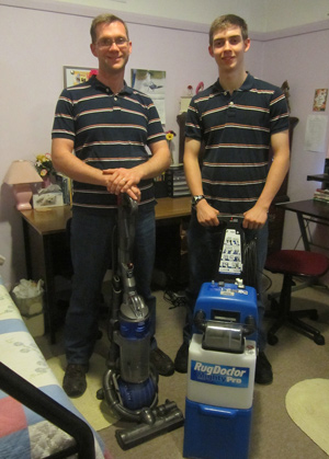 We are a family owned business providing high quality home cleans, oven, carpet and window cleaning. Kevin Harris and son with vacuum and carpet cleaners.